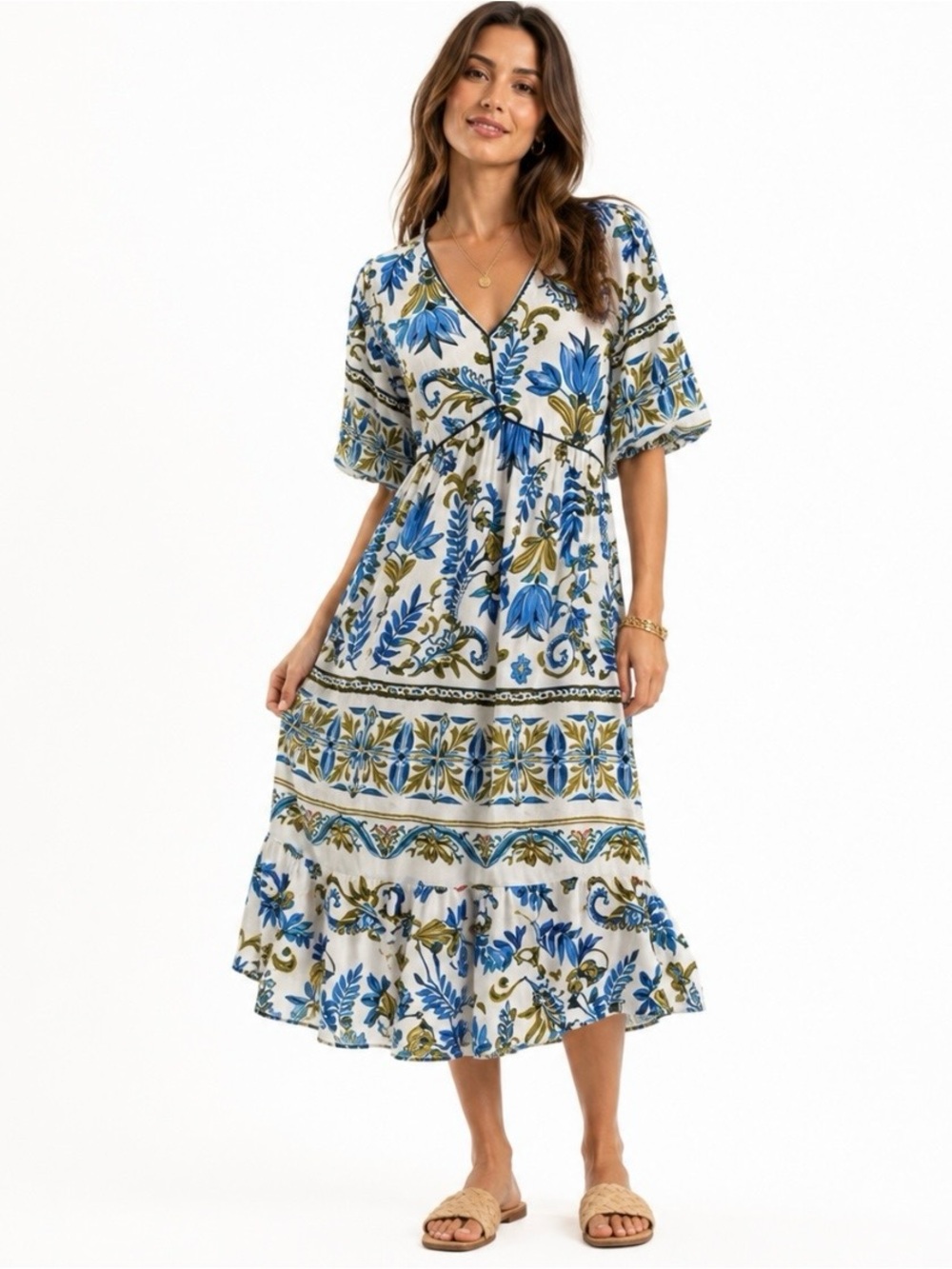 Figueroa & Flower Midi Tiered Dress Size L Cottagecore Floral Mediterranean Boho